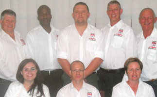 (Front l to r) Annemarie Steenberg, Gerhard Swarts (treasurer) and Cindy Geel. (Back) Johan Maritz (secretary and vice-chairman), John Phala, Nick Strydom, Kobus Reinecke ­(re-elected chairman) and Peter Zietsman.